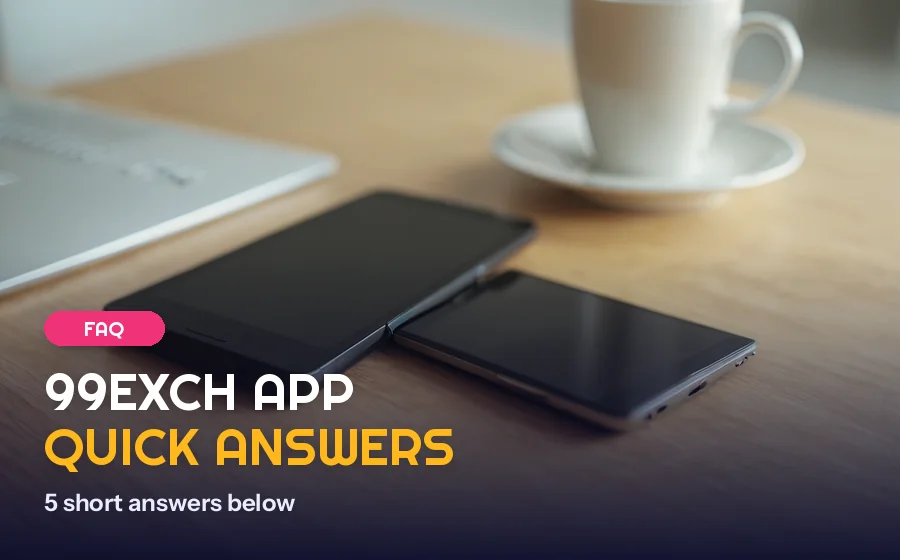 Hand holding a phone with a 99Exch shortcut on the home screen beside a card of app questions