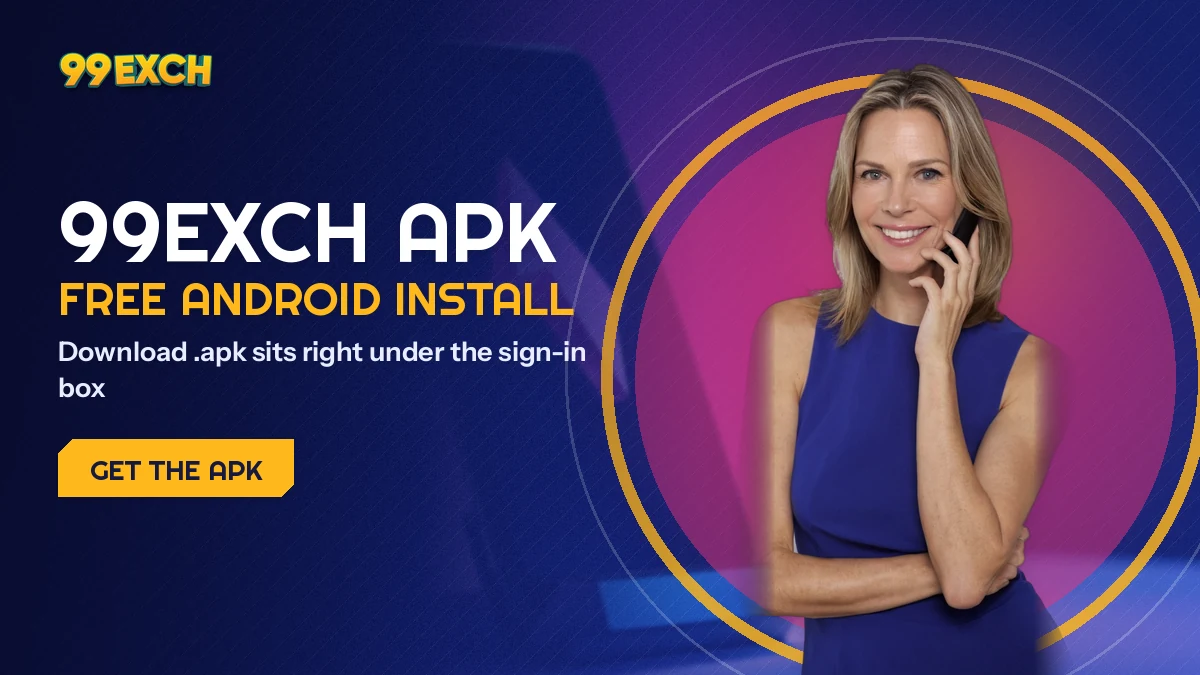 Android phone mid-way through the 99Exch APK install prompt with a floodlit cricket ground behind it