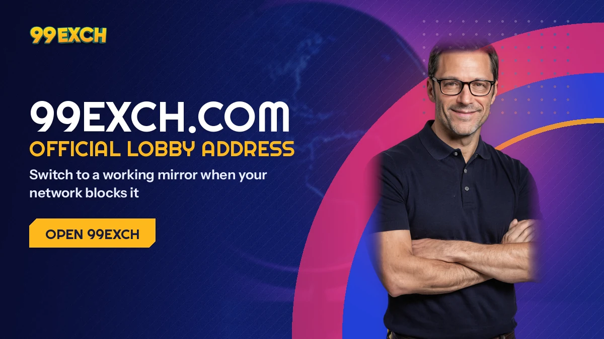 Banner for the 99exch.com address page, showing the official 99Exch lobby next to its blocked-network mirror route