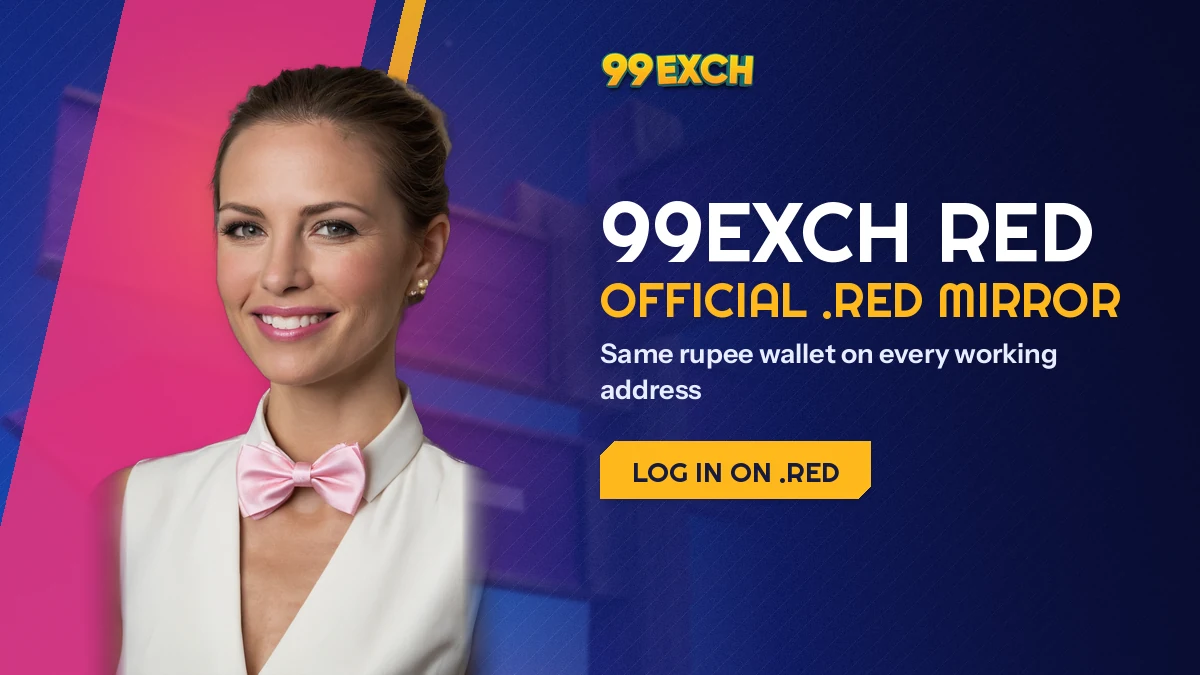 Banner for the 99exch.red mirror address with a phone showing the 99Exch sign-in screen