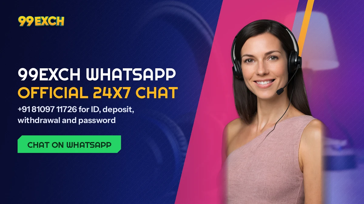 Smiling support agent with a headset beside a phone showing the saved 99Exch WhatsApp desk contact