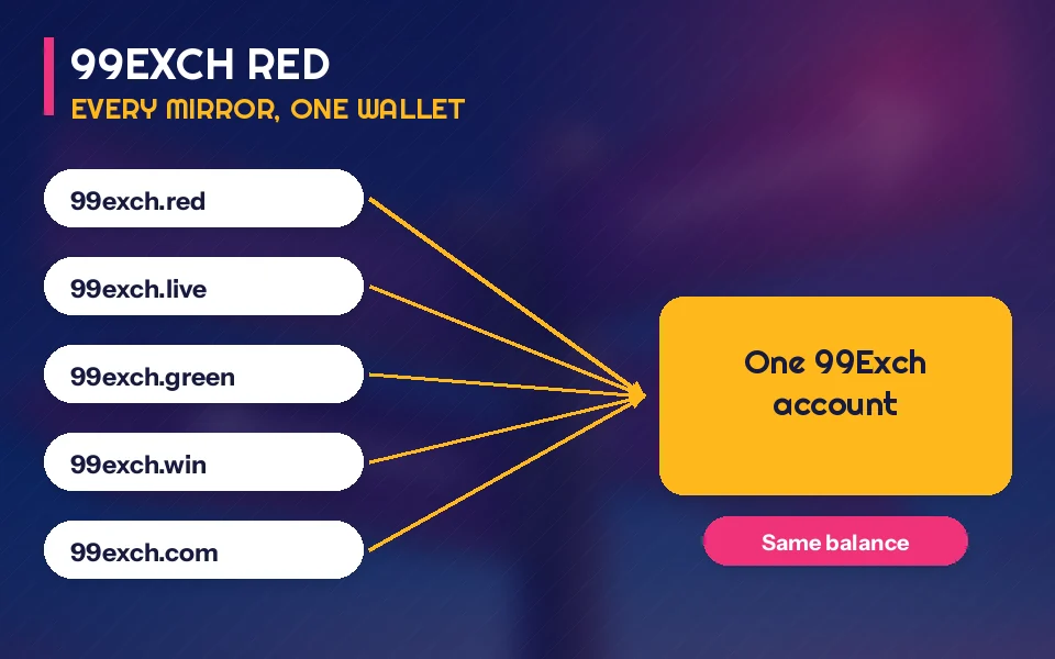 Diagram showing 99exch.red and other mirror endings all leading into one 99Exch account and wallet