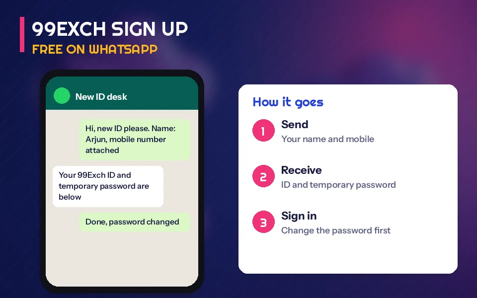 WhatsApp chat on a phone showing a name and mobile sent to register on 99Exch and the reply with a login