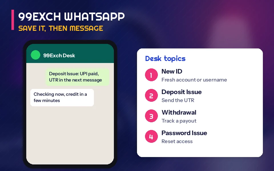 Phone screen with the 99Exch WhatsApp desk saved as a contact and a one-line Deposit Issue message typed